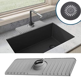 Kitchen Sink Splash Guard, Silicone Faucet Mat with Adjustable Buckle Stops Water Puddling, Sink Drip Catcher with Built-in Soap and Sponge Holder Fits Most Faucet Tubes, Includes Drain Hair Catcher