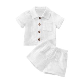 Baby Boys Clothes Set Toddler Infant Boys Button-Down Shirt Tops + Cotton Gauze Shorts Summer Outfit 2PCS with Pockets (White, 5-6T)