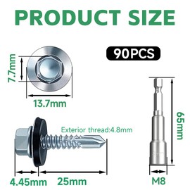4.8x25 mm Self-Drilling Roofing Screws, 90 pcs Hex Head Self Tapping Screws, Hex Head Self-Drilling Roof Screws with Rubber Sealing Washer. with Hex Socket, Zinc Plat.