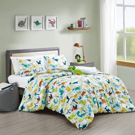 Chezmoi Collection 3-Piece Dino Kids Bedding Sets Twin - Soft Microfiber Baby Blue Multi-Color Dinosaurs Comforter Set Twin Size