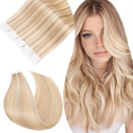 Rich Choices Tape Extensions Real Hair 50 cm Pack of 10 #18/613 Blonde Highlights Real Hair Extensions Invisible Tape-In Extensions Remy Silky Straight Hair Extensions Natural Hair Thickening