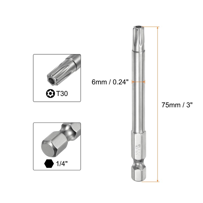 sourcing map T30 Security Torx Bit 1/4" Hex Shank 3"