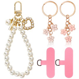 ZAGQIG 5 Pcs Flower Keychain Wristlet for Women Pearl Chain Cute Keychain Wristlet Bracelete with Flower/Heart Key Pendant Accessories Charm Key Ring Gifts (White, Pink), White, Pink, Small