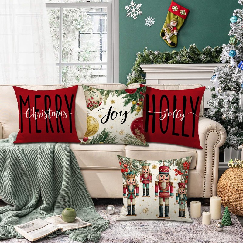FUYUCHEN Merry Christmas Pillow Covers 18x18 Inch Joy Christmas Nutcracker