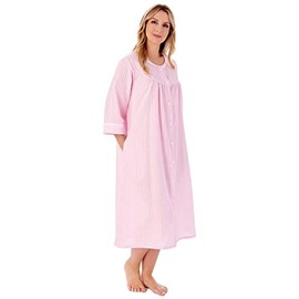 Slenderella Seersucker 3/4 Sleeve Popper Front Gathered Yoke 45 inch Housecoat (10/12, Pink)