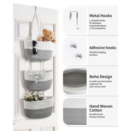 ANTIS'S HOME Over The Door Organizer Hanging Basket, 3-Tier Woven Cotton Wall-Mounted Nursery Storage Organizer Bag Boho Decorative Hanging Nursery Baskets for Living Room Bedroom - Gray& White
