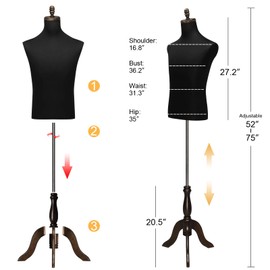Bonnlo Male Dress Form, Male Mannequin with Wooden Tripod Stand, Adjustable Height Torso Body for and Display and Sewing (Silk)