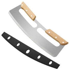 Pizza Cutter Rocker with Double Wooden Handle and Plastic Protective Cover, 10.5-Inch Sharp Stainless Steel Pizza Knife, Large Pizza Cutter Suitable for All Types of Pizza, Bread, Dishwasher Safe
