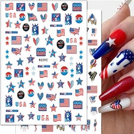 4th of July Nail Art Stickers 8 Sheets 3D Self-Adhesive Patriotic Nail Stickers American Flag Star Heart Nail Designs Independence Day Nail Decals Holiday Nail Art Supplies for Women Nail Decorations