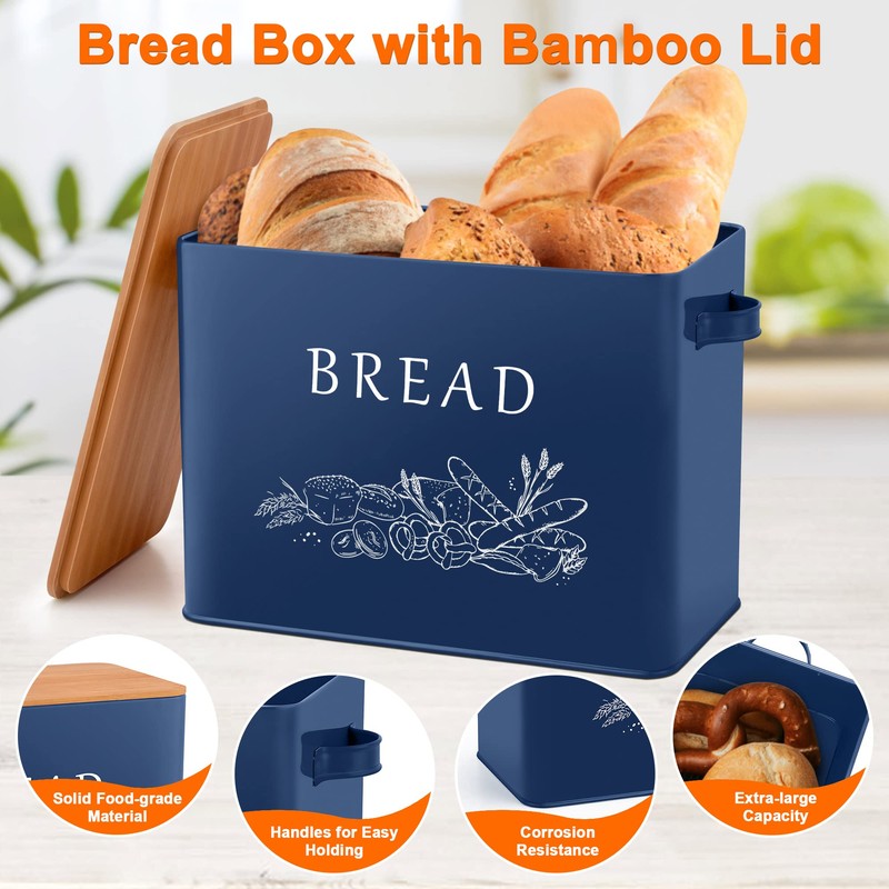 LIANYU Navy Blue Bread Box with Bamboo Cutting Board Lid,