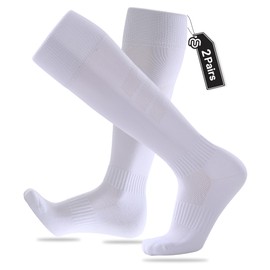 CLOSEMATE Football Socks 2 Pairs Non Slip Knee High Sport Socks for Men Women Anti Slip Cushioned Wicking Anti Blister Athletic Socks for Football Basketball Hiking Running (2 White-A, Size L)
