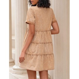 LookbookStore Women's Short Sleeve Babydoll Dress with Lapel Collar Button Down Dress Loose Fit Denim Dress for Women Casual Pecan Brown Size L