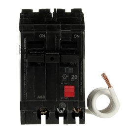 ABB Q-Line® THQL2120GFT 20A Double Pole Circuit Breaker • 20 Amp Double Pole Ground Fault Breaker with Self-Test • 120/240 VAC 2-Pole GFCI Breaker • Ground Fault Circuit Interrupter
