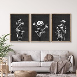 Flower Plant Wall Art Decor 16"x11" Set of 3 Black And White Botanical Painting Wood Framed For Minimalist Bedroom Office Rustic Living Room Abstract Wildflower Sign Hanging (Wood Black)