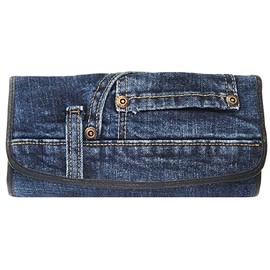 Up-cycling Blue Denim Tri-fold Large Capacity Long Wallet Wristlet Purse Clutch for Women (Dark)