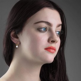 Pearl Drop Earrings for Women Small 6mm Pearl Hoop Earrings Dangle 925 Sterling Silver Hypoallergenic Huggie Earrings for Mother Her, Metal, Cubic Zirconia