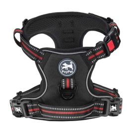 PoyPet No Pull Dog Harness, [Release at Neck] Reflective Adjustable No Choke Pet Vest with Front & Back 2 Leash Attachments(Black+Red,L)