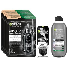Garnier SkinActive Black Skin Routine Facial Care Set with 5 Black Cloth Masks, Micellar Facial Toner and AHA BHA Serum, for a More Even Complexion for Normal or Blemished Skin