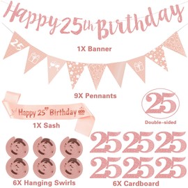 25th Birthday Decorations Banner Women - Rose Gold Number 25 Swirl Hanging Party Decoration Set with Pennant, Happy Birthday Banners and Sash for 25 Years Old Party Supplies