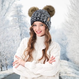 Arctic Paw Winter Cable Knit Fleece Lined Pom Pom Beanie for Women