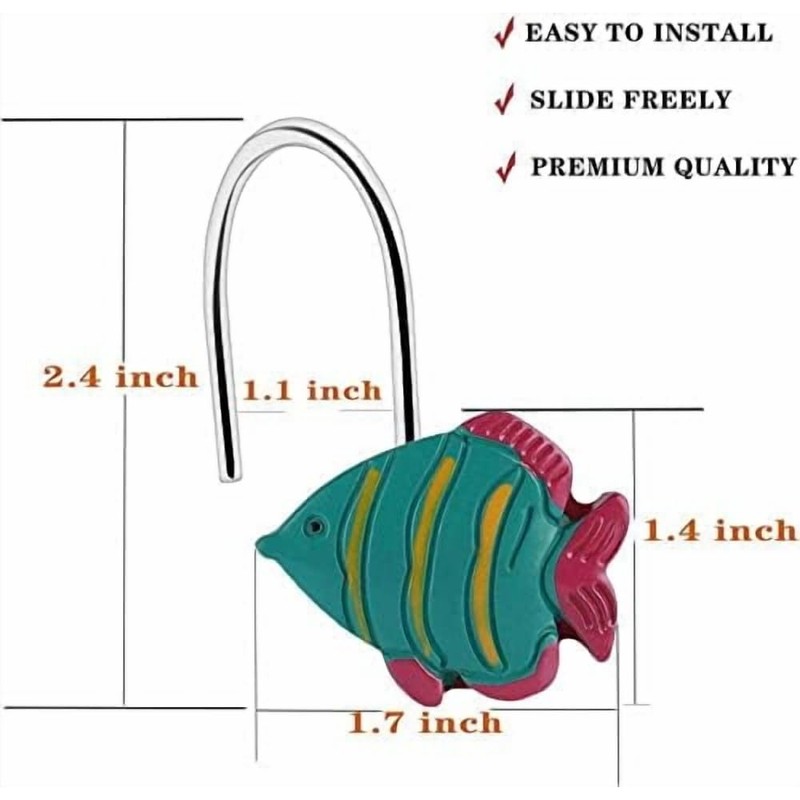 Fish-Shaped Shower Curtain Hooks 12-Pack, Underwater-Themed Bathroom Decor