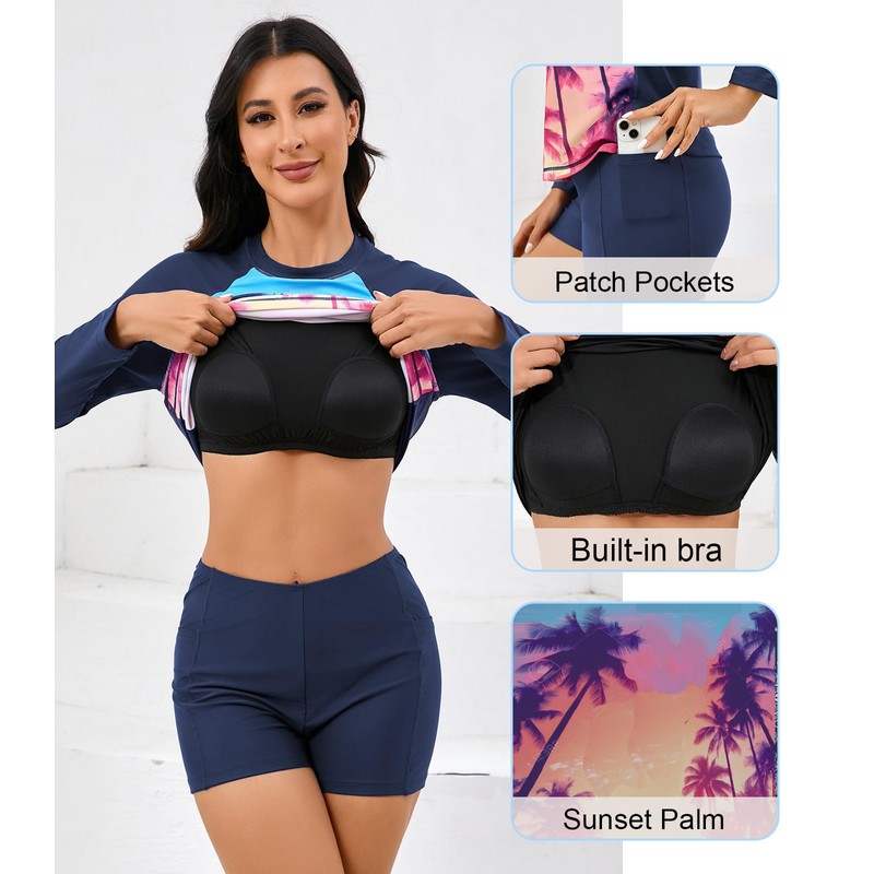 Halcurt Women's Built in Bra Rash Guard Long Sleeve Swimwear