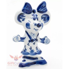 Gzhel Mice mouse Rat Girl with bow knot porcelain figurine souvenir handmade