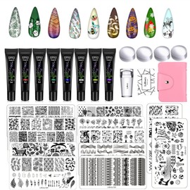 LiBiuty Nail Stamping Plates Set 12 Nail Templates & 8PCS 8ml Nail Stamping Polish Set with Nail Stamper Scraper Storage Bag Extra 4Pcs Nail Stamper Head Free