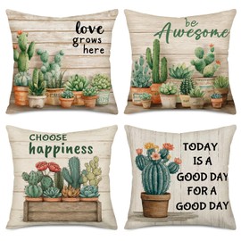 Doitely Green Plant Throw Pillow Covers Succulent Cactus Bonsai Wood Grain Decorative Pillow Cases Cotton Linen Summer Cushion Cover with Words 18" x 18" for Outdoor Decor, Set of 4