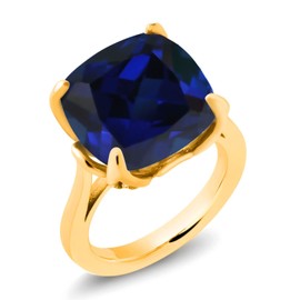 Gem Stone King 18K Yellow Gold Plated Silver Blue Created Sapphire and White Created Sapphire Engagement Ring For Women (14.12 Cttw, 14MM Cushion, Size 7)