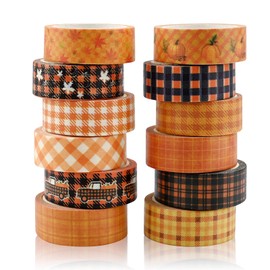 12 Rolls Fall Washi Tape Set,15mm Autumn Pumpkins Maple Leaves Patterned Decorative Masking Tapes for Fall Thanksgiving Christmas Holiday Arts Craft Tape DIY Scrapbooking Gift Wrapping Decorations