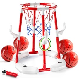 Pool Basketball Hoop Toys,2-in-1 Floating Baskatball Pool Games with 4 Balls/12 Rings/Pump,Swimmming Pool Games for Kids & Adults,Indoor Outdoor Play Toys for Summer Parties & Backyard Play(Red)