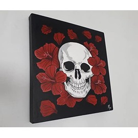 Cuadro Decorativo Moderno Pintura en lienzo canva Calavera Con Flores Rojas Pintado a Mano cuadro para decoración del hogar listo para colgar Cuadro d