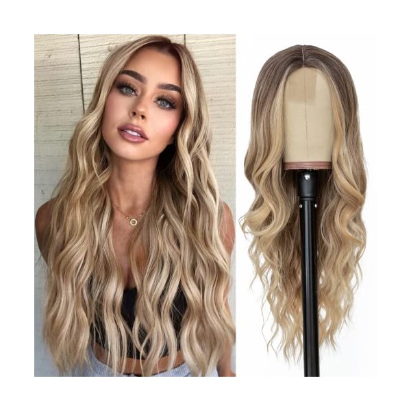 NAYOO Long Ombre Blonde Wavy Wig for Women 26 Inch Middle Part Curly Wavy Wig Natural Looking Synthetic Heat Resistant Fiber Wig for Daily Party Use (Ombre Blonde)