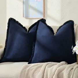 ZWJD Pillow Covers 24x24 Set of 2 Navy Throw Pillow Covers with Fringe Chic Cotton Decorative Pillows Square Cushion Covers for Sofa Couch Bed Living Room Farmhouse Boho Decor