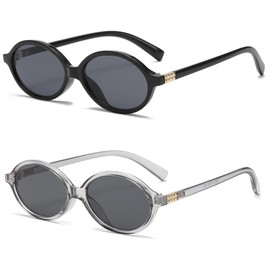 Onrtry Retro Oval Sunglasses for Women and Men Small 90s Style Round Tortoise Sun Glasses 2 Pack(Black+Grey)