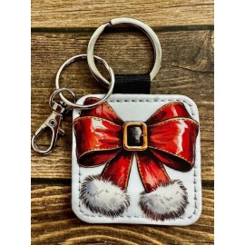 Square Key Chain Backpack Tag PU Leather Holiday Santa Belt Coquette Bow RTS