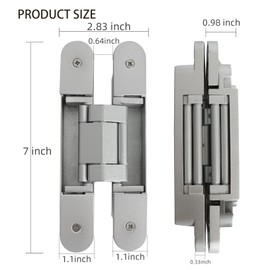 AnvFlik 2-Pack 7 inch Silver Hidden Door Hinges,Heavy Duty Zinc Alloy Concealed Hinges, Invisible 180 Degree Swing Hinge, 3 Way Adjustable Butt Hinge