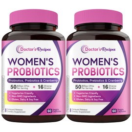 Doctor's Recipes Women's Probiotics, 120 Caps (Pack of 2) 50 Billion CFU 16 Strains, with Organic Prebiotics Cranberry, Shelf Stable, Delayed Release, No Soy Gluten Dairy
