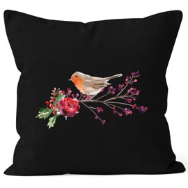 Autiga Cushion Cover Bird Robin Flowers Mistletoe Watercolour Bird Christmas Black 40 cm x 40 cm