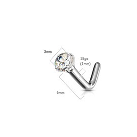 PiercedOff Titanium L Bend Nose Stud with Clear CZ - Thickness 18GA (1mm) / Gem Size 3mm