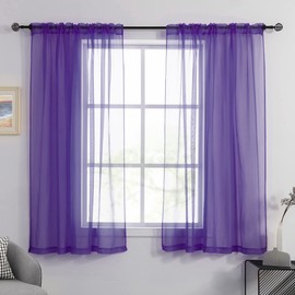 HUTO Short Purple Sheer Curtains 45 Inch Length for Girls Room Rod Pocket Sheer Window Drapes for Kitchen Bedroom Bathroom,Purple 2 Panels