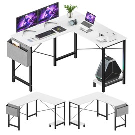 Sweetcrispy L Shaped Computer Desk - Gaming Corner 50 Inch PC White Writing Study Student Table with Wooden Desktop CPU Stand Side Bag Reversible for Home Office Room Small Space, Black