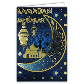 AFIE 68-9002 Ramadan Mubarak Card in Gold Shiny Gold Muslims Month Holy Fast Laylat al-Qadr Eid al-Fitr Islamic Festival Crescent Moon Pillars Mosque Lantern White Envelope Format 17.5 x 12 cm