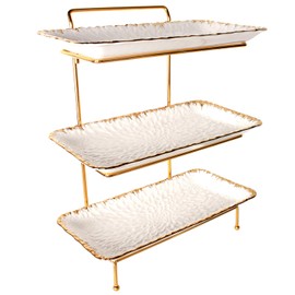 jinsongdafa 3-Tiered Serving Rack with Ceramic Tray, Foldable Gold Stand with 3-PCS 14 Inch Gold Rim Plates, for Food Display, Fruit, Dessert，Decoration for Parties Entertaining