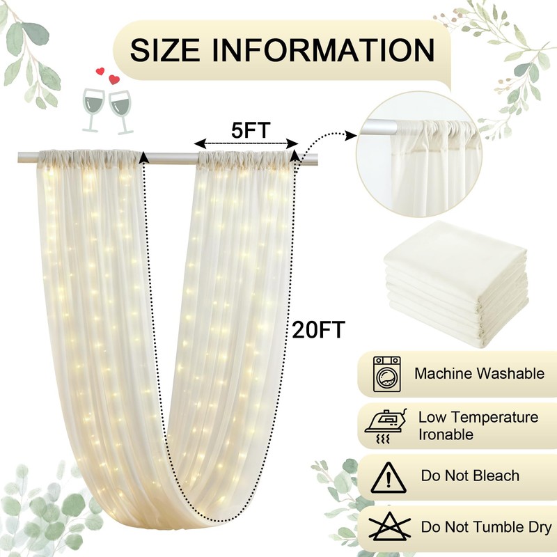 Ivory Ceiling Drapes with Lights String for Weddings, 6 Panels
