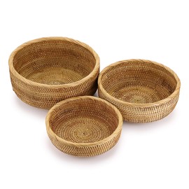 Sumnacon Set of 3 Round Rattan Fruit Baskets Serving Bread Snack Storage Bowls Table Desktop Countertop Decorative Display Baskets