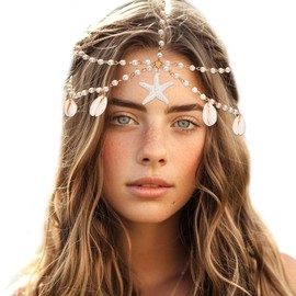VENOFEN Shell Boho Pearl Head Chain Adjustable Multi-Layer Headpiece with Starfish Pendant Gold Forehead Jewelry Beach Style Summer Vibe Hair Accessories for Women and Girls