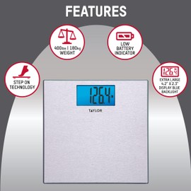 Taylor Digital Scales for Body Weight, Highly Accurate 400 LB Capacity, Unique Blue LCD, Auto on and Off Scale, 11.8 x 11.8Inches, Stainless Steel