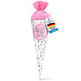 itenga Sibling School Cone 35 cm Design Plants/Floral - as Gift Packaging or Small School Cone for Children Adults Starting School Work Start Study (Floral Pattern - Alles Gute Pink)